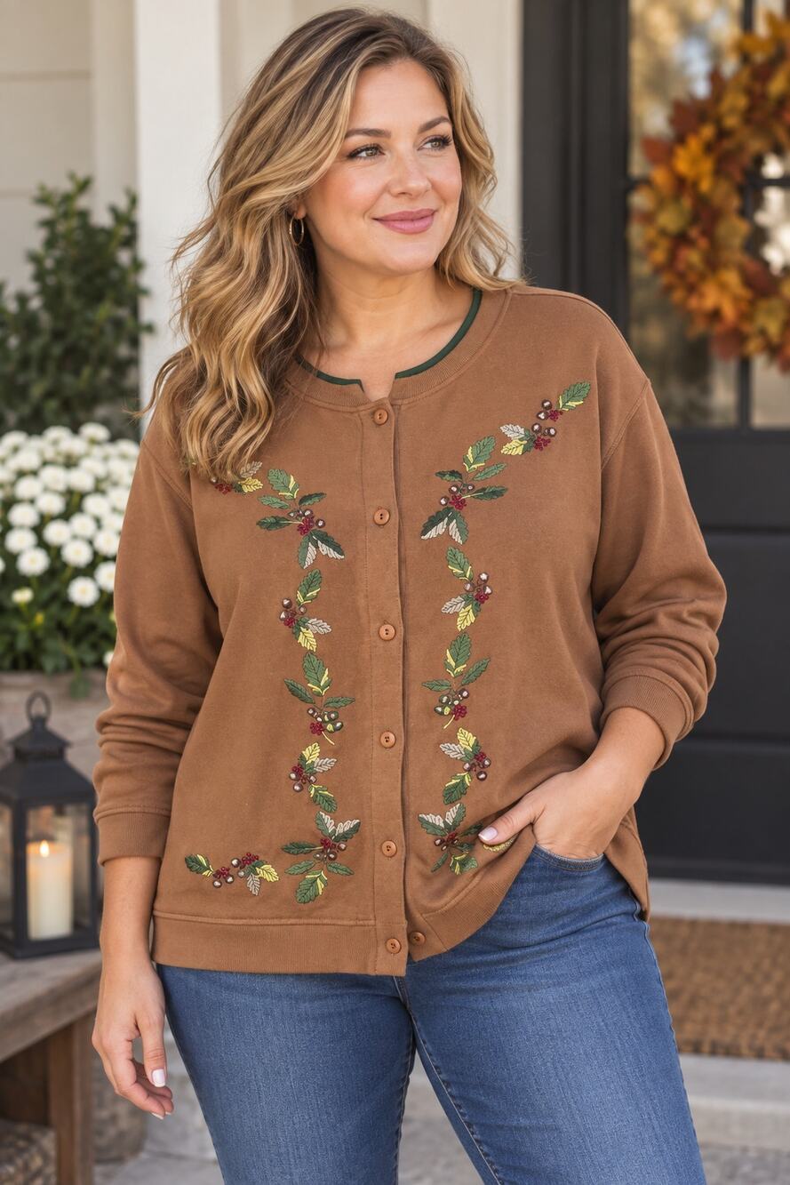 Hastings & Smith 3X Brown Embroidered Acorn Leaf Cardigan Sweatshirt Fall